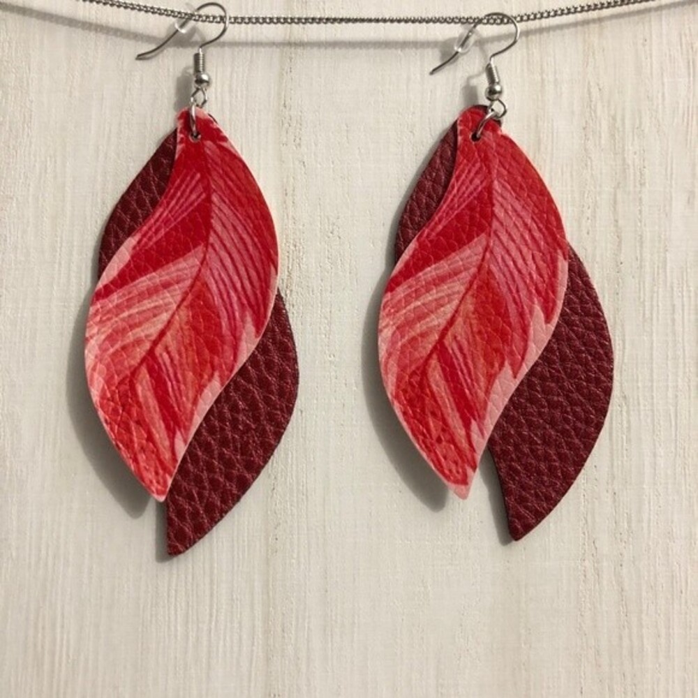 Burgundy PU Leather Feather Leaf Dangle Earrings
